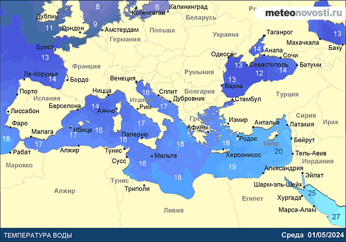 Температура воды Средиземного, Красного и Черного морей
